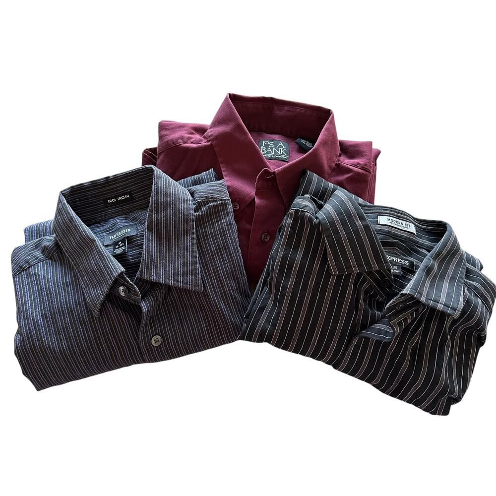 Mens Shirt Bundle Size Medium Grey Maroon Button Down Striped Office Business
